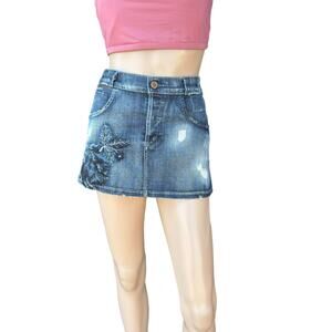 New Goldsign Blitz Embroidered Distressed Button Fly Jean Denim Mini Skirt 27